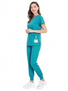 Women's Solid Color Zipper Half-Placket Round Neck Short Sleeve Top And Pants Casual Uniform Scrub Set
