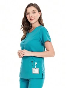 Women's Solid Color Zipper Half-Placket Round Neck Short Sleeve Top And Pants Casual Uniform Scrub Set