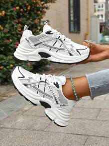 2025 Autumn Fashionable Black & Brown Lace-Up Women's Chunky Sneakers, Versatile Style