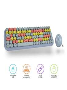 Redlemon Wireless Keyboard And Mouse With USB Receiver And Retro Vintage Design Of Round Typewriter Keys, QWERTY Layout In Spanish. - 查看 2