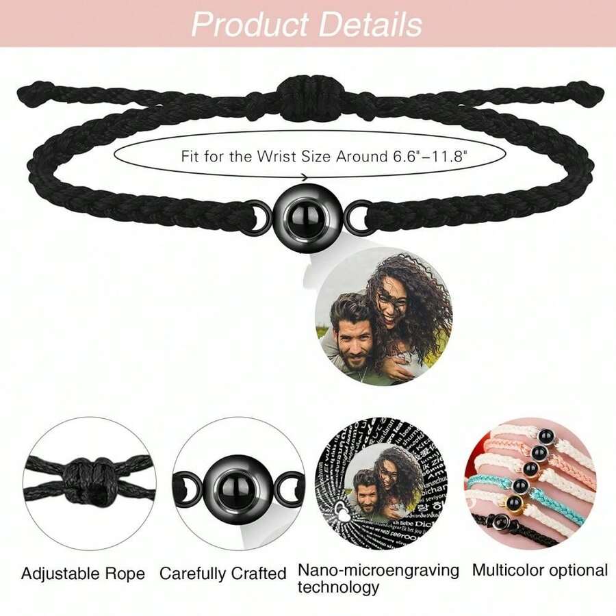 Personalized Photo Projection Beaded Braided Rope Bracelet, Anniversary