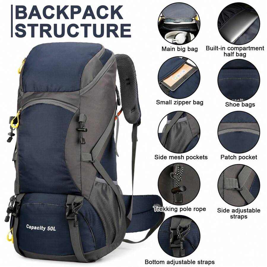 50L Hiking Backpack Men/Women Camping Backpack With Rain Cover Outdoor Travel Bag 50L Military Tactical Army Backpack Rucksack Hiking Camping Trekking Outdoor Bag - 藏蓝色 - 查看 1