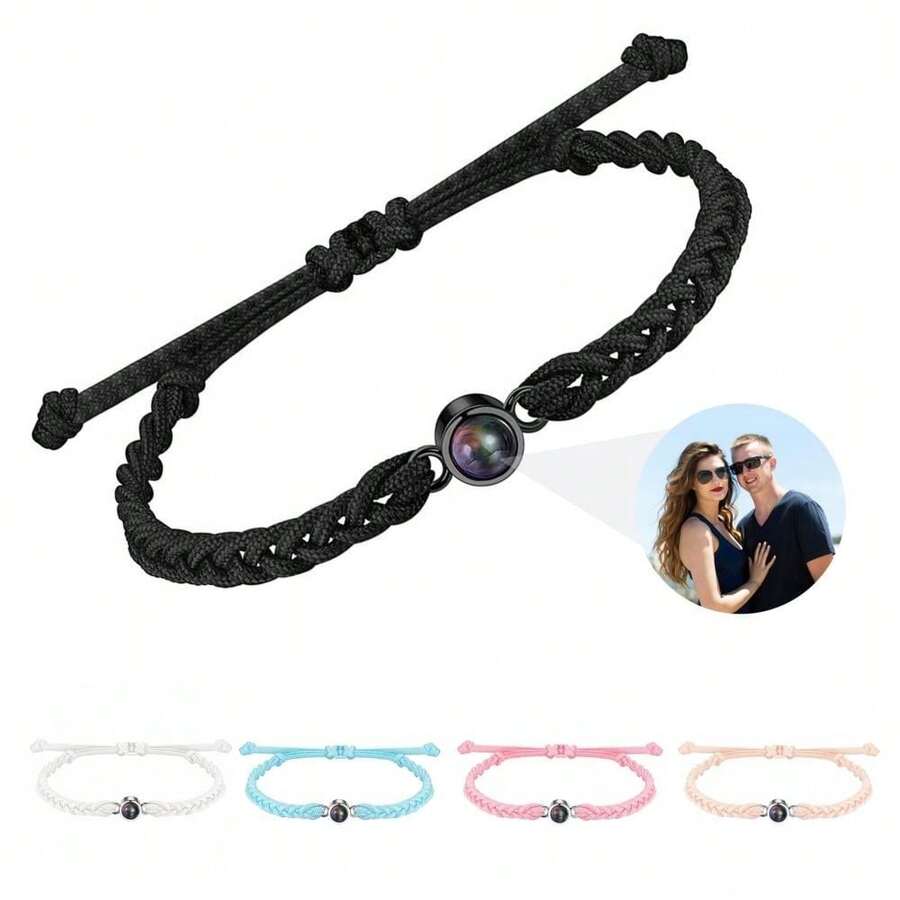 Personalized Photo Projection Beaded Braided Rope Bracelet, Anniversary