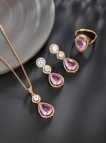 XUPING JEWELRY 4 piezas Juego de joyas de lujo con circonita cúbica de colores - 1 par de aretes, 1 collar, 1 anillo para mujeres - traje - Ver 1