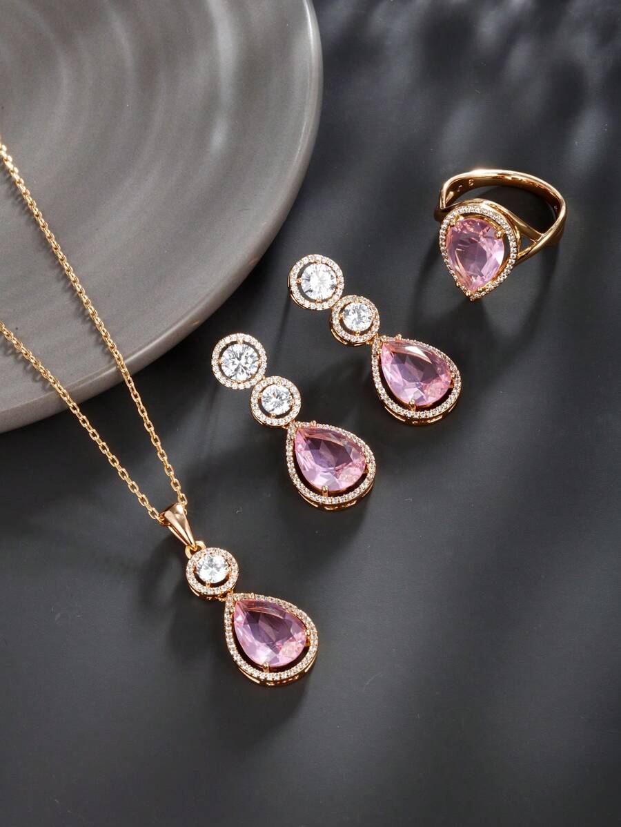 XUPING JEWELRY 4 piezas Juego de joyas de lujo con circonita cúbica de colores - 1 par de aretes, 1 collar, 1 anillo para mujeres - traje - Ver 1