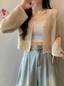 1 chiếc áo khoác cardigan dài tay mỏng nhẹ màu đen, trắng và be, kiểu dáng rộng rãi, thích hợp cho nữ, đi biển, đi nghỉ mát. - Nhiều màu - Xem 3