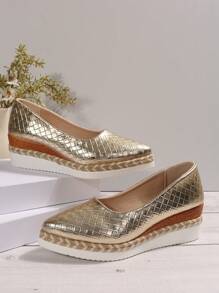 Mujer estilo nuevo talón de cuña con suela gruesa, tejido de unicolor sin cordones, zapato deportivo informal cómodo y ligero con borlas - Dorado - Ver 5
