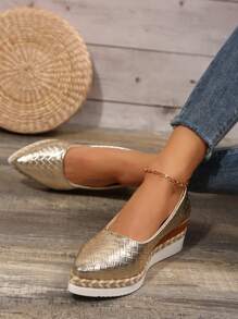 Mujer estilo nuevo talón de cuña con suela gruesa, tejido de unicolor sin cordones, zapato deportivo informal cómodo y ligero con borlas - Dorado - Ver 4