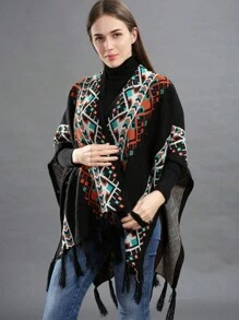 波西米亚风 1 件装女式流苏斗篷披肩，波西米亚风针织加厚保暖长斗篷带流苏围巾配饰女式 - 黑色 - 查看 8