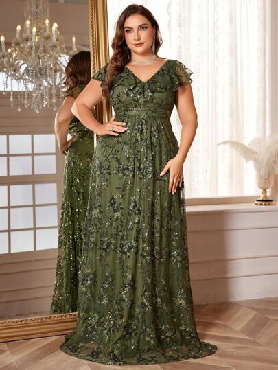 XUIBOL Plus Size Solid Color Ruffle V-Neck Heavy Embroidered And Patchwork Elegant Women's Formal Evening Dress Wedding Guest Gown, For Graduation, Dinner Party Dress