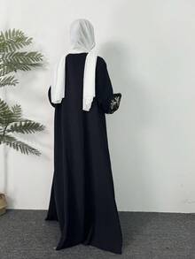 1pc Women Solid Color Elegant Palm Tree Embroidery Abaya For Formal Occasion & Daily Wear - Black - View 2