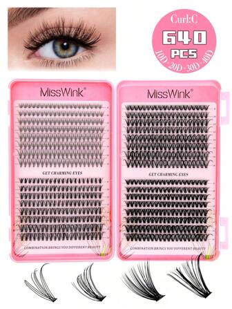 Miss Wink 640簇自然柔软10D 20D 30D 40D超大容量混合8-16mm 0.07mm C卷蓬松浓密睫毛DIY手工睫毛延长日常化妆卡通假睫毛全新升级礼盒睫毛簇，睫毛簇，单根睫毛，睫毛，假睫毛