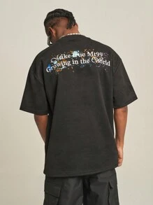 MT99 Modny haftowany top z krótkim rękawem, czarny T-shirt z okrągłym dekoltem