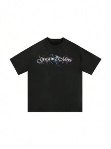MT99 Modny haftowany top z krótkim rękawem, czarny T-shirt z okrągłym dekoltem
