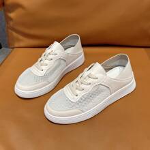 女士白色网球鞋 PU 皮革运动鞋 女士休闲步行鞋 - 米色 - 查看 1