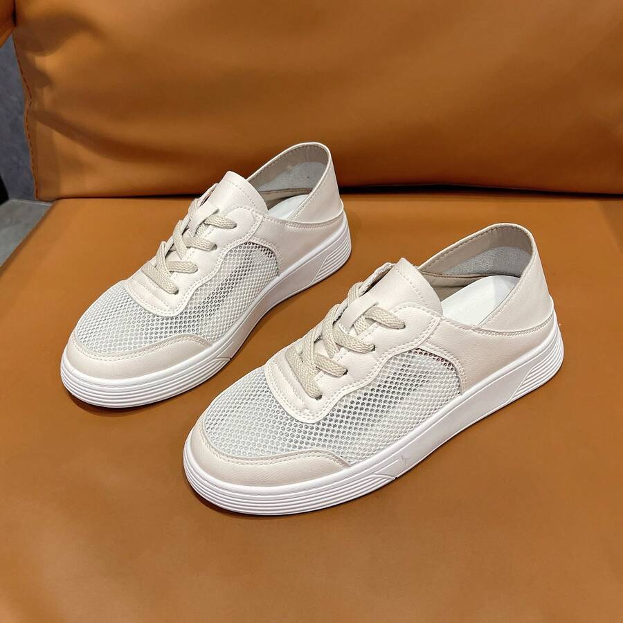 女士白色网球鞋 PU 皮革运动鞋 女士休闲步行鞋 - 米色 - 查看 1