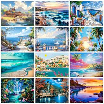 1 件 5D DIY 钻石画海滨海滩椰子树风景全方形或圆形钻石马赛克瀑布山脉风景成人适合初学者家居装饰