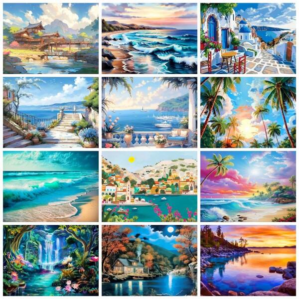 1PC 5D Diy Diamond Painting Seaside Beach Coconut Tree Scenery Full Square Or Round Diamond Mosaic Waterfall Mountain Landscape For Adults Suitable For Beginners Home Decor
