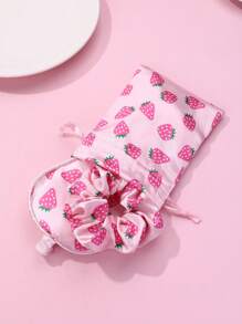 1pc Hair Scrunchie + 1pc Sleep Mask + 1pc Storage Bag Polyester Strawberry Printed Cute Hair Accessories Set, For Daily Use