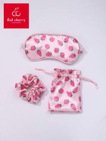 1pc Hair Scrunchie + 1pc Sleep Mask + 1pc Storage Bag Polyester Strawberry Printed Cute Hair Accessories Set, For Daily Use