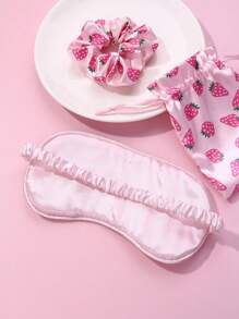 1pc Hair Scrunchie + 1pc Sleep Mask + 1pc Storage Bag Polyester Strawberry Printed Cute Hair Accessories Set, For Daily Use