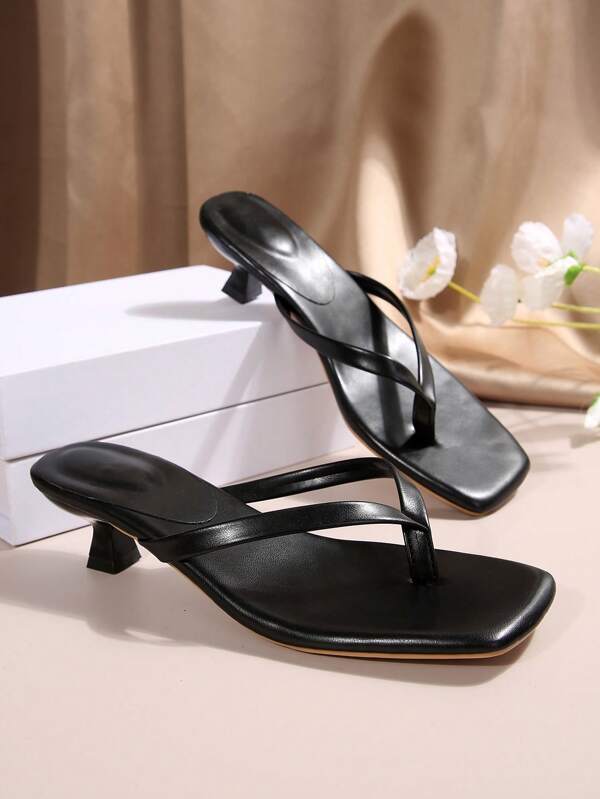 Sandalias de tacón grueso de punta cuadrada, modelo 2024, de estilo de chancla con bloque de color negro para mujeres