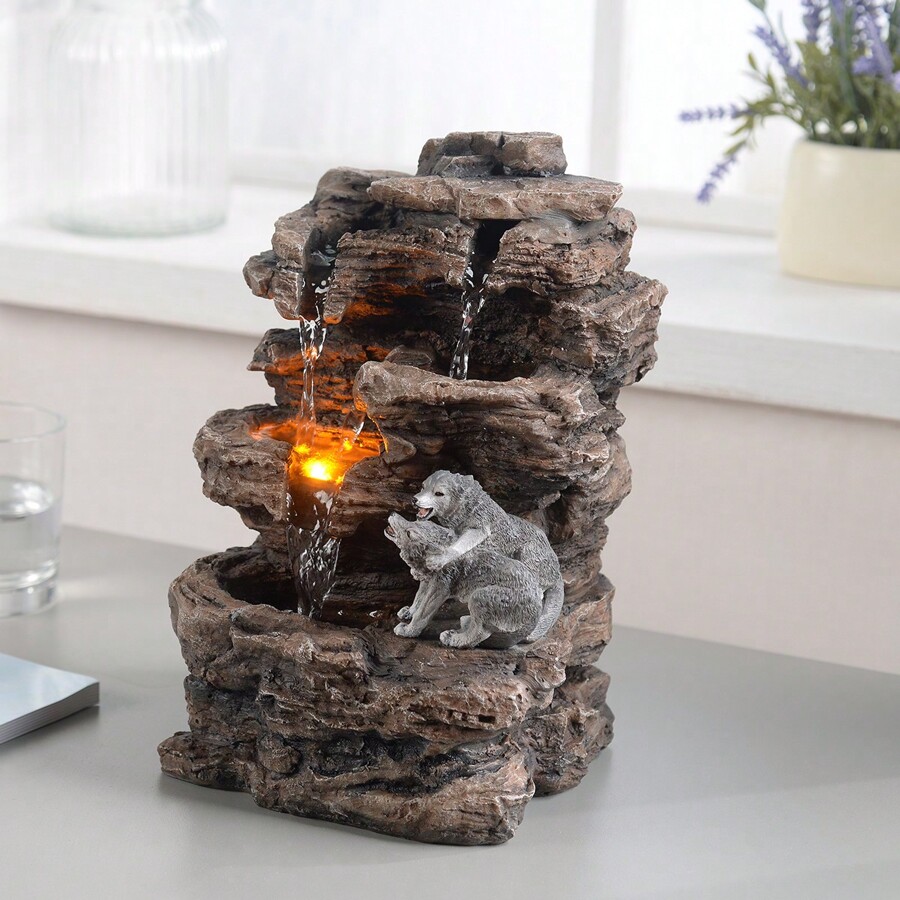 Desktop Wolf Pup Fountain, Natural River Rock Tabletop Fountain With Peaceful Waterfall Sound