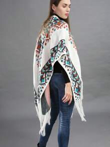 波西米亚风 1 件装女式流苏斗篷披肩，波西米亚风针织加厚保暖长斗篷带流苏围巾配饰女式 - 黑色 - 查看 5