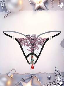 性感内衣复古法式情趣内衣，带有性感字体，个性化设计，饰有钻石和珠子，适用于女式丁字裤或三角裤 - 彩色 - 查看 1