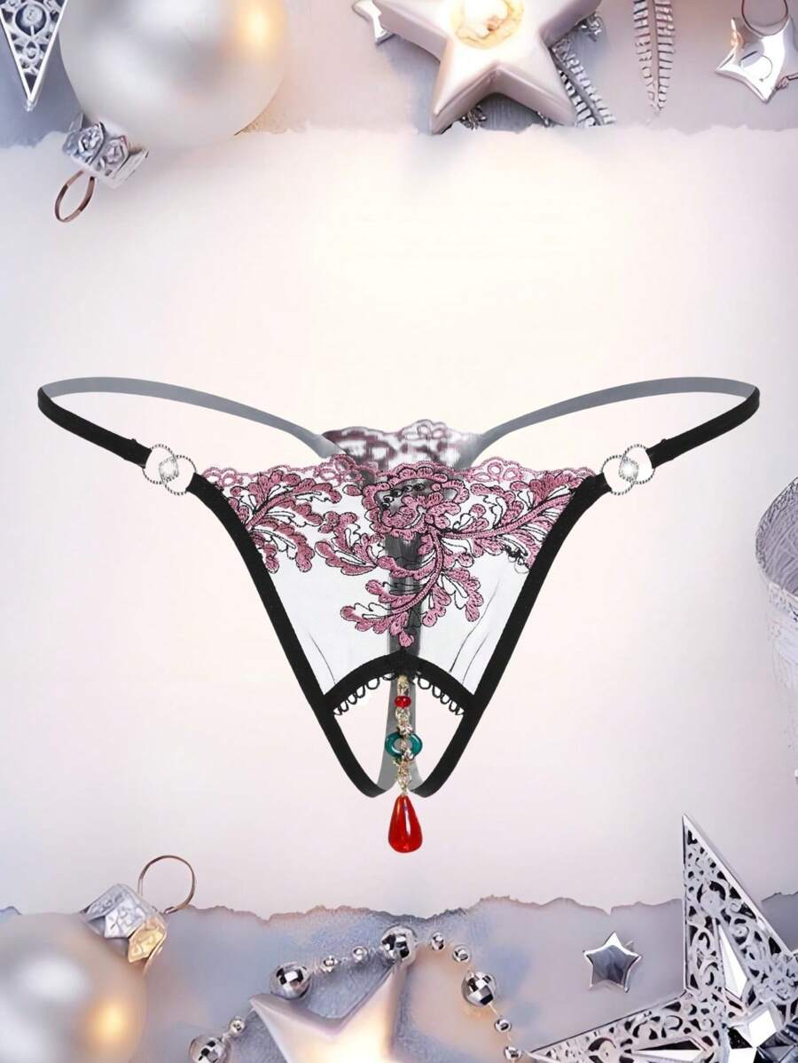 性感内衣复古法式情趣内衣，带有性感字体，个性化设计，饰有钻石和珠子，适用于女式丁字裤或三角裤 - 彩色 - 查看 1