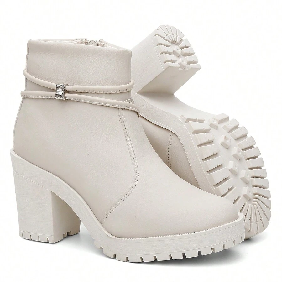 Women's Low Heel High Heel Tractor Comfortable Boot - White - View 1