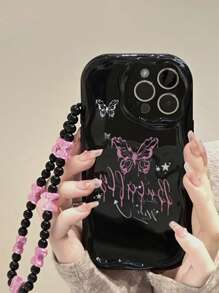 1 件粉色蝴蝶结珍珠链蝴蝶结印花气囊手机壳，适用于 Apple 17/17 Air/17 Pro/17 Pro Max/16/16 Pro/16 Plus/16 Pro Max 16/15/14 软壳 13 Pro Max 防震 12 Pro/15/15 Pro Max/15 Pro/11 手机保护套 - 黑色 - 查看 2