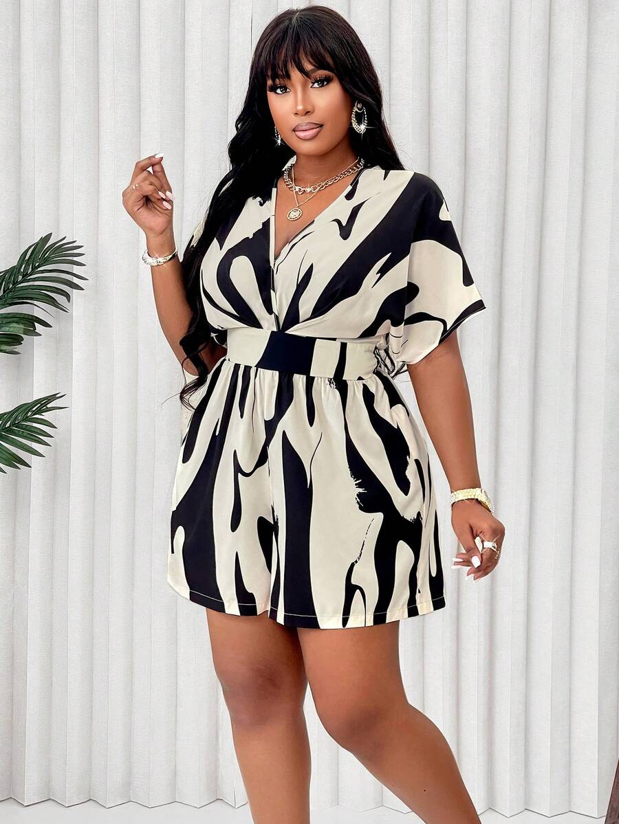 BIUBIU Plus Size Surplice Neck Batwing Sleeve Romper (Allover Pattern Random) - Apricot - View 1