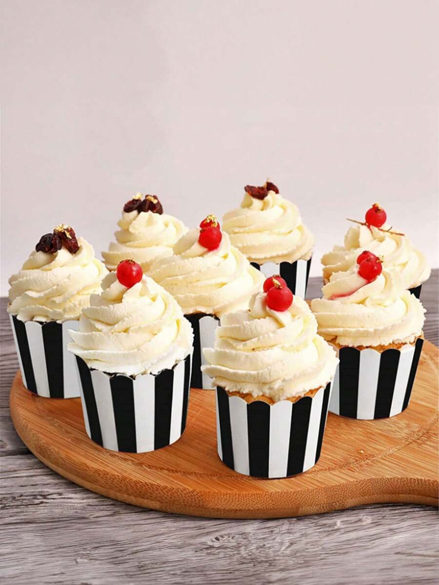 15个装黑白条纹松饼杯烘焙杯加厚耐油零食杯松饼杯家庭甜品蛋糕杯节日派对手拿蛋糕杯甜品杯 - 彩色 - 查看 1