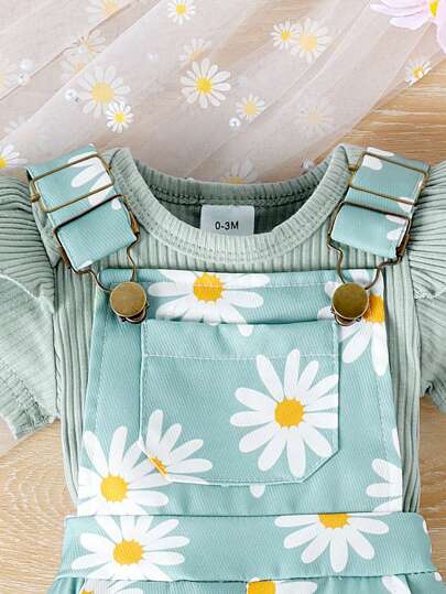 2pcs Baby Girls' Cute Short Sleeve Romper And Overalls Set, Lightweight Style, Summer
