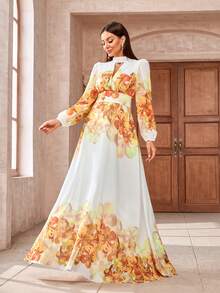 花卉印花锁孔领口系带露背连衣裙 - 黃色 - 查看 1