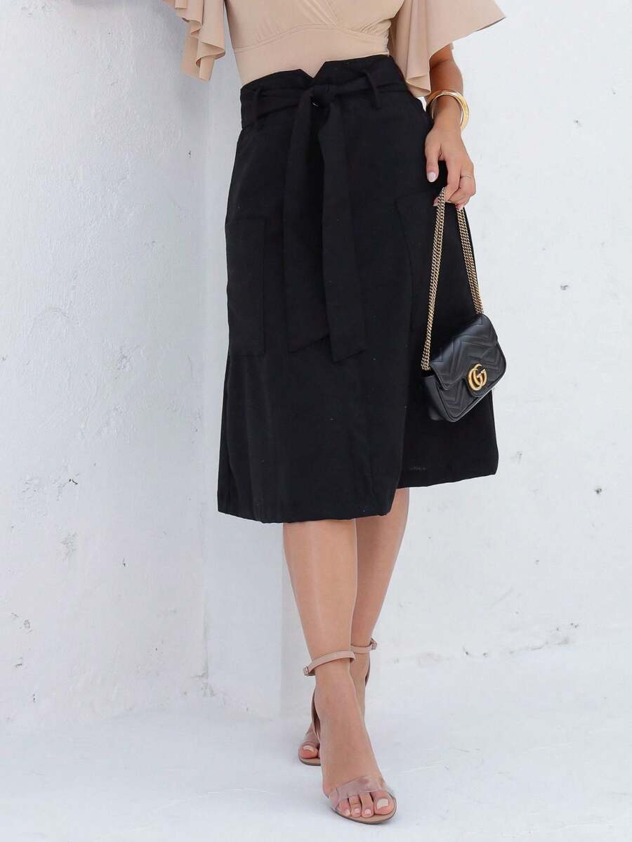 Linen Midi Skirt With Large Pockets And Evasê Design - màu đen - Xem 1