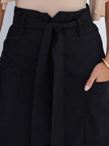 Linen Midi Skirt With Large Pockets And Evasê Design - màu đen - Xem 5