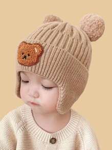 秋冬儿童保暖针织帽，护耳设计，可爱小熊图案，休闲，适合秋冬穿着，温暖舒适，流行日常穿着，可爱的儿童针织帽，婴儿针织帽 - 針織帽-小熊 - 查看 3