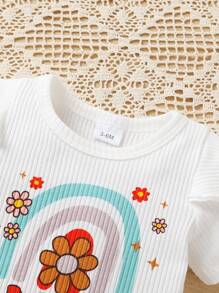 3pcs Baby Girls' Elegant Sweet Letter, Rainbow & Floral Print Ruffle Bodysuit, Shorts And Headband Set For Casual, Daily Wear, Vacation And Party