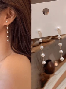 1pair Long Pearl Chain Tassel Earrings For Women, Sophisticated Daily Wear Jewelry