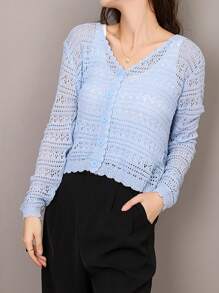 1pc Women's Shrug, Loose V-Neck Hollow Out Knitted Air-Conditioned Shirt, New Style Long Sleeve Sunscreen Cover Up Top Accessories Women