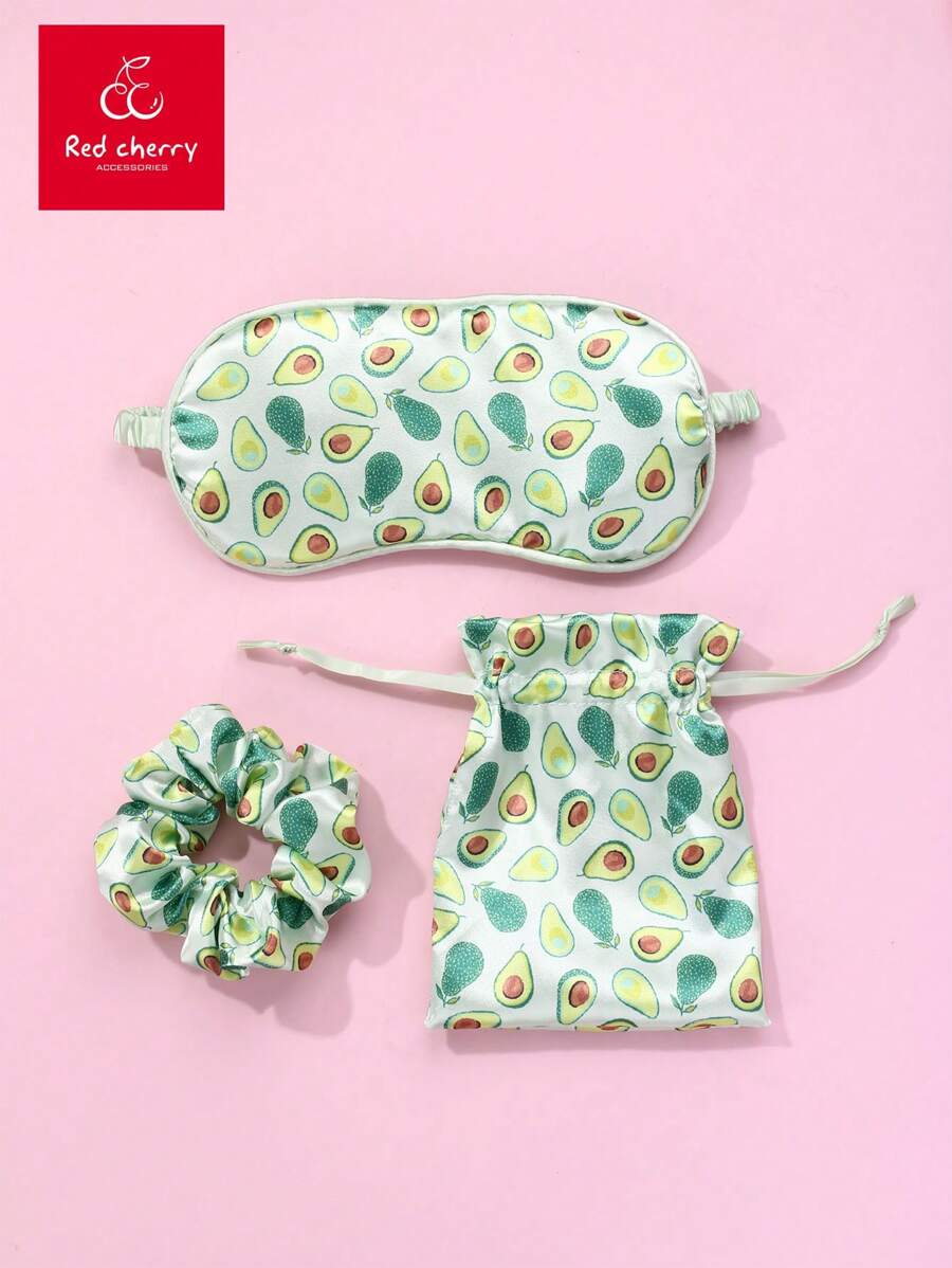 1pc Hair Scrunchie, 1pc Eye Mask, 1pc Storage Bag, Polyester Fabric Avocado Print, Cute Hair Accessories Set, For Daily Use - Green - View 1