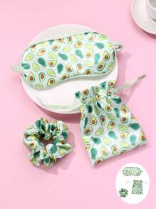 1pc Hair Scrunchie, 1pc Eye Mask, 1pc Storage Bag, Polyester Fabric Avocado Print, Cute Hair Accessories Set, For Daily Use - Green - View 3
