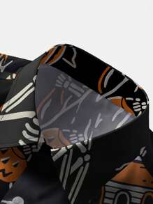 Plus Size Men Halloween Vacation Casual Outdoor Skull Pumpkin Ghost Art Pattern 3D Digital Print Polo Collar Chest Pocket Holiday Fashion Casual Short Sleeve Shirt - Multicolor - View 3