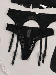 女士性感纯色蕾丝内衣套装，包括胸罩、吊袜带、内裤和长筒袜 - 黑色 - 查看 7