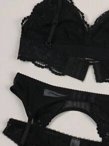 女士性感纯色蕾丝内衣套装，包括胸罩、吊袜带、内裤和长筒袜 - 黑色 - 查看 3