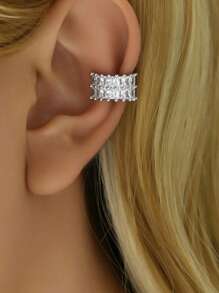 1pc Commuter Double-Row Square Rhinestone C-Shape Ear Cuff No Piercing Cubic Zirconia Embedded Elegant Ear Cuff Earrings For Women - Silver - View 1