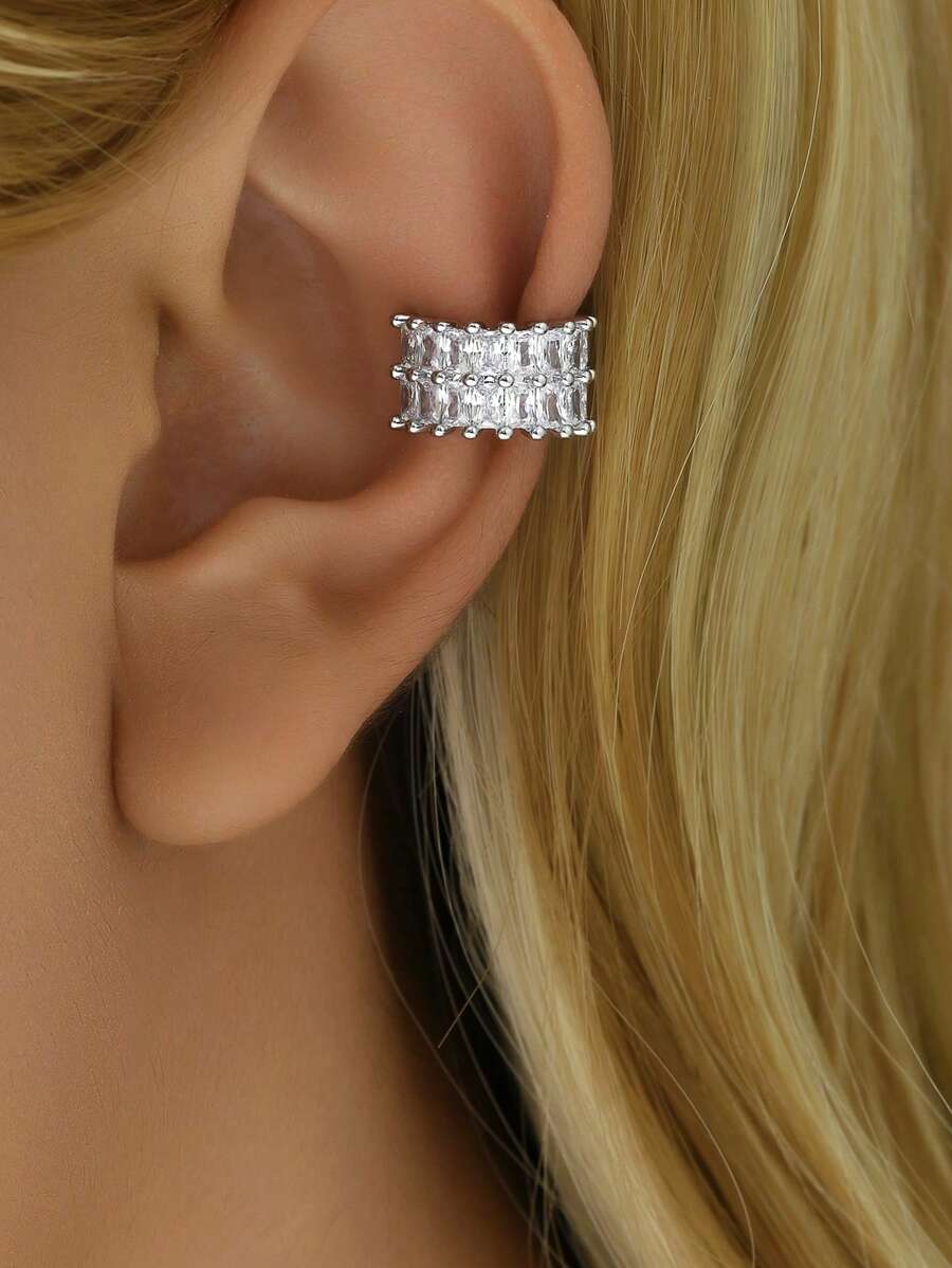 1pc Commuter Double-Row Square Rhinestone C-Shape Ear Cuff No Piercing Cubic Zirconia Embedded Elegant Ear Cuff Earrings For Women - Silver - View 1