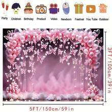 粉色蝴蝶生日派对背景，配有心形灯串和云朵 - 派对和庆典、圣诞节的摄影配件 - 多色 - 查看 4